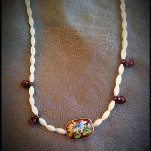 MOP Glass, cat's eye & Champleve beaded necklace